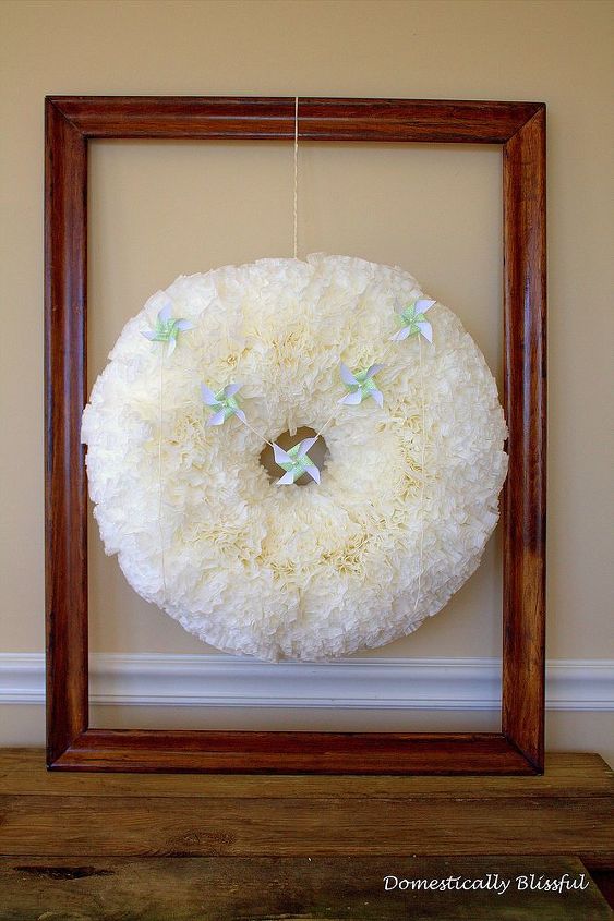 simple coffee filter wreath, crafts, home decor, repurposing upcycling, wreaths, Now I know this Simple Coffee Filter Wreath might not look like a Valentine s wreath since the mini pinwheels are green instead of pink but I decided that this year my valentine s mantel is going to have a few pops of green
