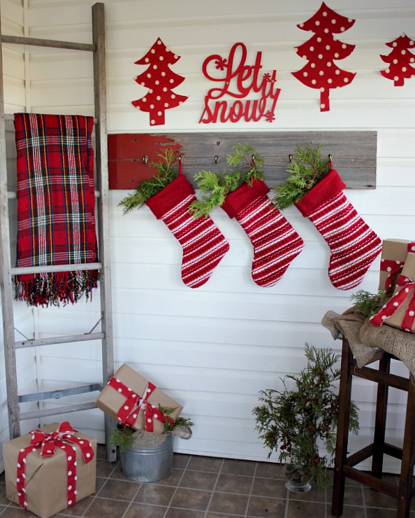 my red christmas mud room, christmas decorations, laundry rooms, seasonal holiday decor, Little touches of festive red everywhere