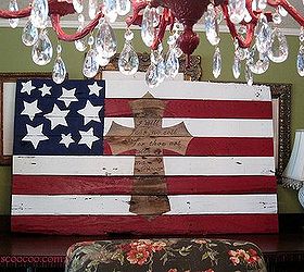 how to make an american flag from a pallet, crafts, pallet, patriotic decor ideas, repurposing upcycling, seasonal holiday decor, The complete American Flag on the buffet in my formal dining room I love the juxtaposition of the big trash day pallet with my crystal chandelier