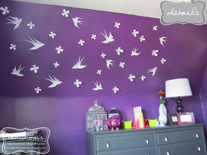 a vivid garden tea party toddler bedroom before during amp after, bedroom ideas, flooring, hardwood floors, home decor, As time went on more decor was added like these 3D wall decals to give something fun to the angled walls
