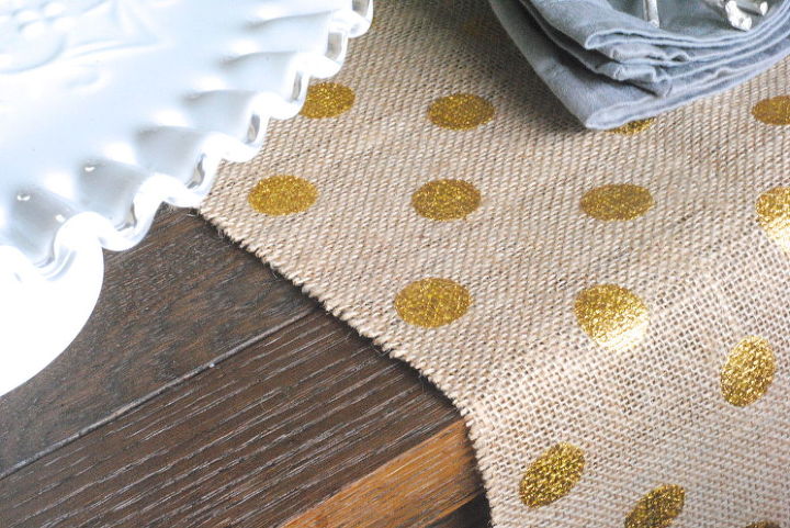 modern thanksgiving tablescape, home decor, seasonal holiday decor, thanksgiving decorations, I placed a piece of gold polka dot burlap under the runner across the width of the table I kept the burlap all one piece so I could use it for other things and it s the gold compliment to my mostly silver color scheme