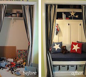 closet turned reading nook and toy storage, bedroom ideas, closet, lighting, shelving ideas, storage ideas, woodworking projects, Before and After