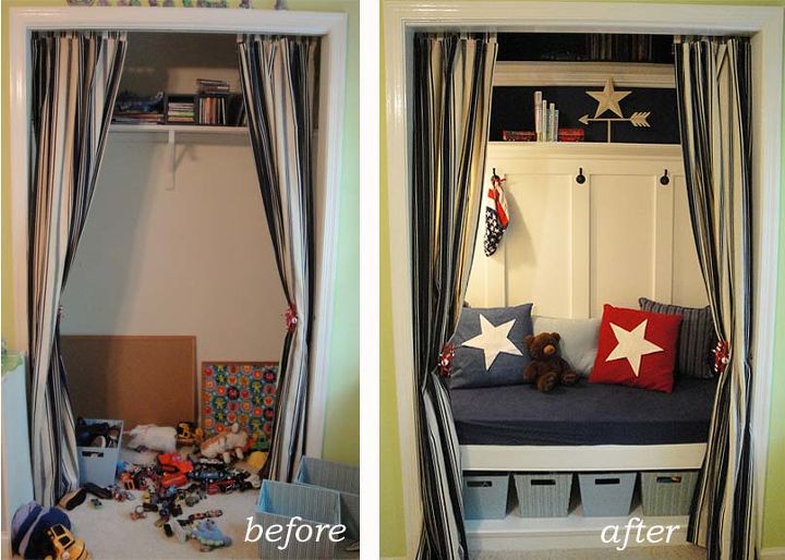 closet turned reading nook and toy storage, bedroom ideas, closet, lighting, shelving ideas, storage ideas, woodworking projects, Before and After
