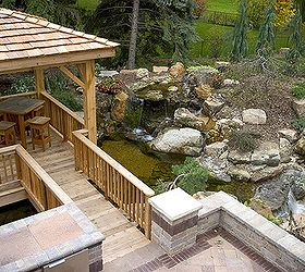 waterfall and gazebo transforms backyard, decks, outdoor living, patio, ponds water features, The floating gazebo provides additional viewing areas