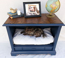 repurposed t v stand pet bed with wooden chevron patterned top, painted furniture, repurposing upcycling, woodworking projects
