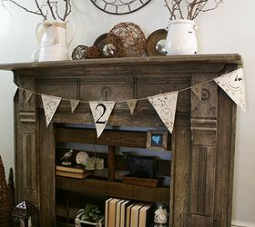 a faux fireplace with pallet shelving, fireplaces mantels, pallet, shelving ideas, old mantel fireplace surround with pallet shelving