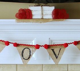 valentine s day mantel simple craft projects, fireplaces mantels, seasonal holiday d cor, valentines day ideas, Add rosettes and red ric rack to a burlap banner from Hobby Lobby so easy All materials were 30 50 off