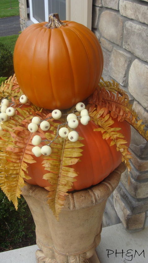 mums in a boot, gardening, repurposing upcycling, seasonal holiday decor, For my outdoor d cor in addition to the boot I made pumpkin topiaries using faux autumn fern leaves and creamy bittersweets placed between the pumpkins