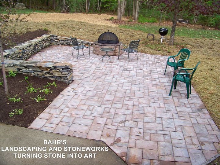 stonework firepit and paver patio, concrete masonry, landscape, outdoor living