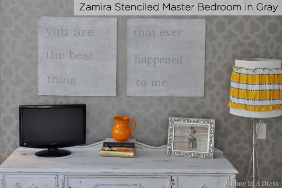 using gray paint to stencil, painting, zamira stenciled master bedroom
