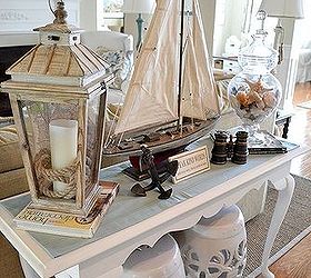 tweaks in our summer great room, home decor, living room ideas, Nautical themed vignette on our sofa table