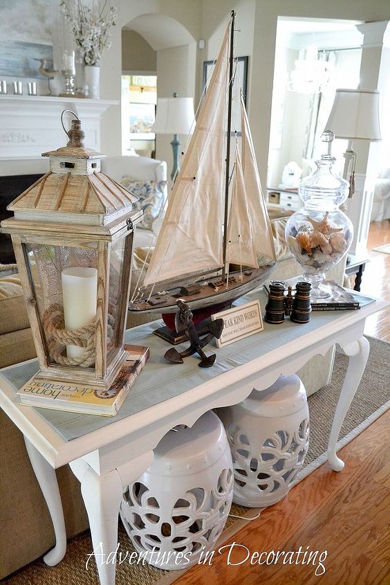tweaks in our summer great room, home decor, living room ideas, Nautical themed vignette on our sofa table