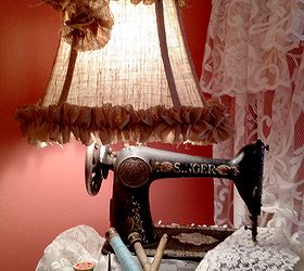 knock off burlap lampshade for a vintage sewing machine, repurposing upcycling