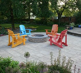 paver patio with techo bloc blu pavers amp fire pit, concrete masonry, outdoor living, patio, After picture The client chose the chairs but I think they add a great pop of color to the otherwise cool and relaxing colors of the patio and backyard Denver PA
