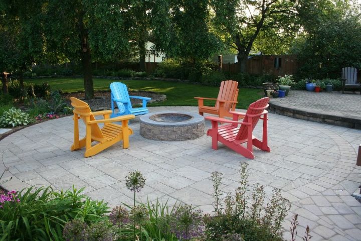 paver patio with techo bloc blu pavers amp fire pit, concrete masonry, outdoor living, patio, After picture The client chose the chairs but I think they add a great pop of color to the otherwise cool and relaxing colors of the patio and backyard Denver PA