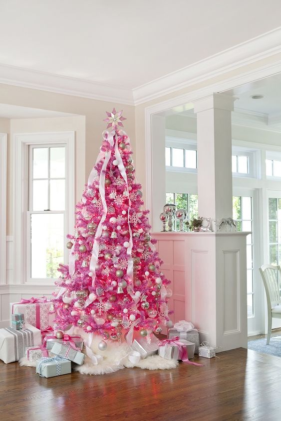 christmas trees 6 ways, seasonal holiday d cor, Mod Lovers of modern style will appreciate this pre lit hot pink tree decked out in white and sparkle Glitter ball ornaments mix with plain Styrofoam balls matte white balls mix with silver bells
