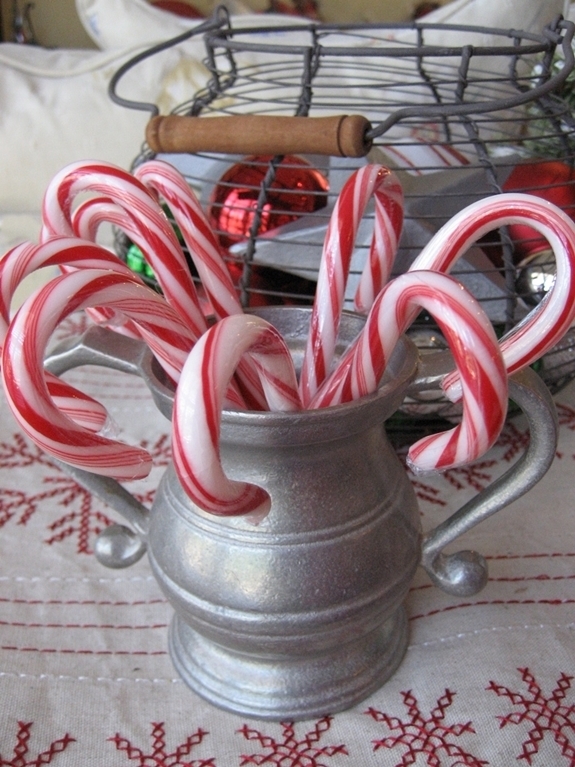 a farmhouse christmas tree with diy galvanized stars, seasonal holiday d cor, My pewter sugar bowl holds candy canes that echo the stripe of the grain sack ornaments