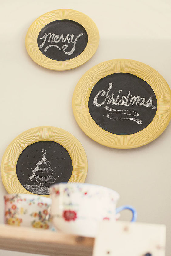 decorating with upcycled chalkboard plates, home decor, repurposing upcycling, Thrift store dishes upcycled into customizable wall decor