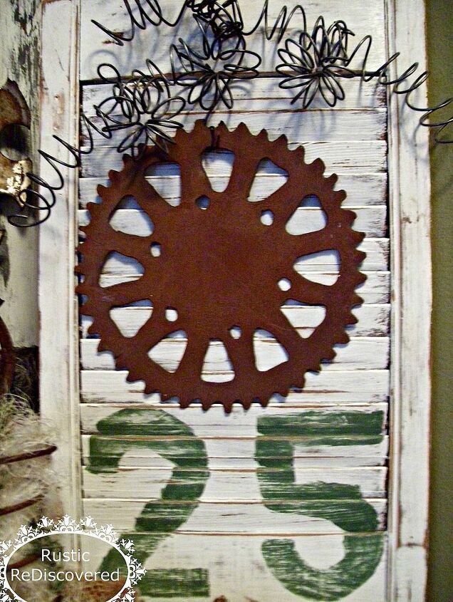 junk holiday mantel, seasonal holiday decor, Shutter 25 With Twisted Metal Bow