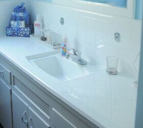 before and after of kids bathroom, bathroom ideas, countertops, home decor, Close up of reglazed countertop