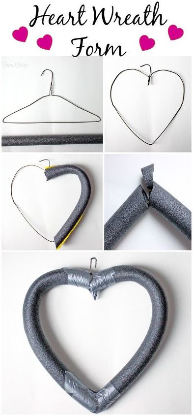 how to make a heart wreath form, crafts, seasonal holiday decor, valentines day ideas, wreaths, Bend the hanger into a heart shape cut the pipe insulator to fit the wire shape Cut a 45 degree angle out of the bottom to fit the pieces together Duct tape in place
