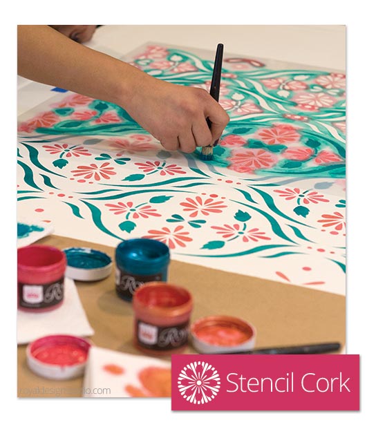 colorful diy stencil ideas for a stylish desk organization project, craft rooms, home office, organizing, painted furniture, This Chloe Floral Trellis stencil is the perfect accent to liven this dated cork board