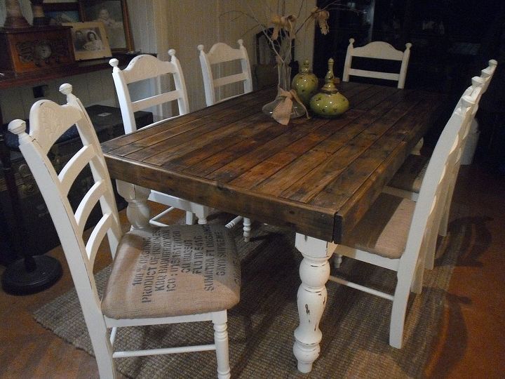 pallet wood farmhouse dining table, painted furniture, complete I was thinking of ditching the chairs and making benches but then I thought I should just give it a shot to paint them and now Im so glad I did