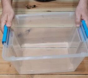 He takes the handles off of plastic dollar store bins for this gorgeous storage hack