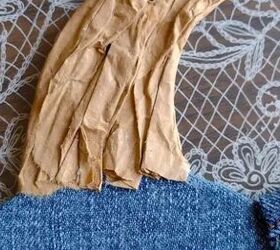 She glues a crumpled paper bag on some denim fabric for this really unique fall idea