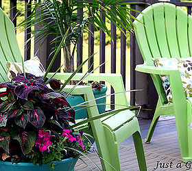 colorful deck transformation, decks, outdoor furniture, outdoor living, painted furniture, Lime green and blue deck accents add a splash of color
