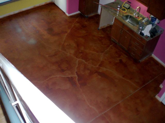 before and after application of non toxic acid stains for concrete flooring in an, Post application of the non toxic stains awaiting protective sealer