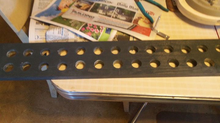 test tube spice rack, cleaning tips, storage ideas, This is the board I used with drilled out holes for the test tubes I had to re drill the holes because the paint swell the holes I used a dremel and fit the tube in each hole