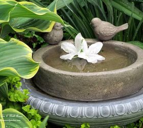 it s all about the birds birdhouses baths and feeders in our garden, gardening, outdoor living, pets animals, repurposing upcycling, More birdbaths in the post This one is tucked in by some large hosta