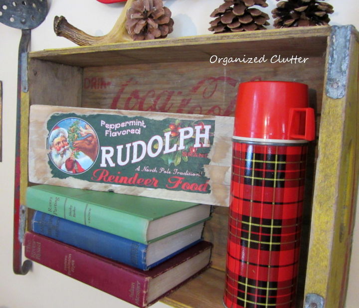 rustic christmas vignettes in the den, seasonal holiday d cor, A Christmas crate label and more thermoses in crates