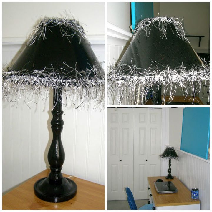 a cool girls bedroom, bedroom ideas, home decor, Painted a pink lamp base and shade black and added fun fringe