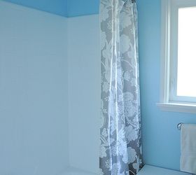before and after of kids bathroom, bathroom ideas, countertops, home decor, Ombre gray shower curtain