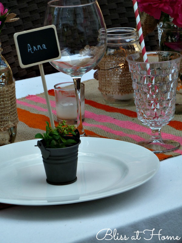 details for a perfect summer dinner party, chalkboard paint, crafts, mason jars, outdoor living, Pot little succulents at each table setting and use chalkboard stakes for place cards