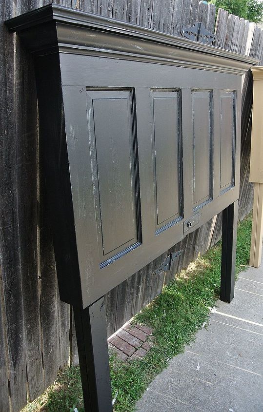 onyx black and chelsea gray distressed 100 yr old door headboard, painted furniture, repurposing upcycling