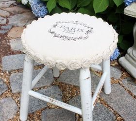 mini drop cloth rosette stool makeover 5 yard sale find, painted furniture, reupholster