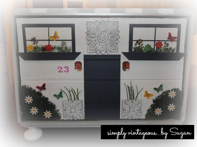 how i turned a breadbox into a toy house, crafts, repurposing upcycling, A GingerBread House Painted bushes window and door stick on diamonds as lights and butterfly and flower stickers