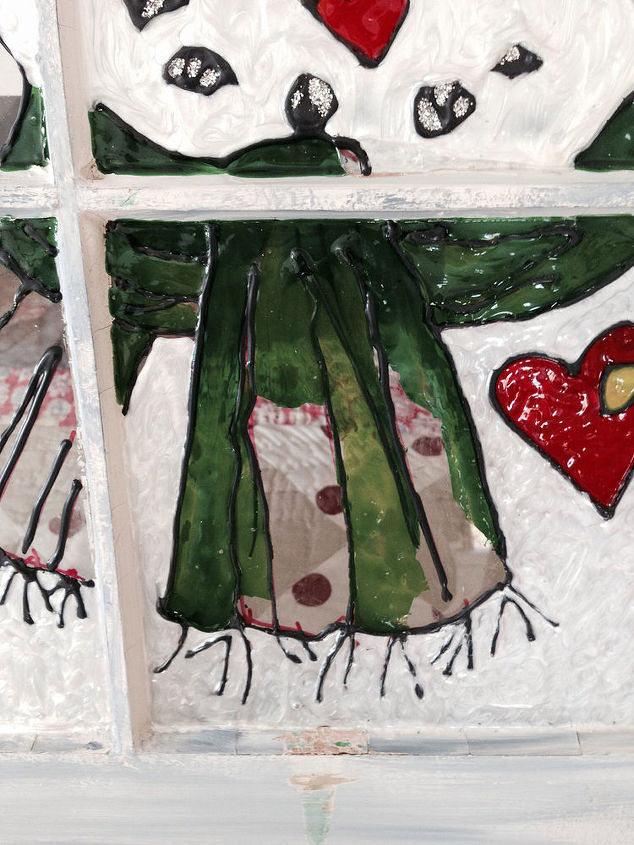 snowman painted in stain glass paint on old window, After cleaning up dripping paint Notice the wood frame this too had to be touched up