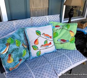 hand painted songbird pillow topper tutorial, crafts, home decor, The pillow toppers add such a refreshing spring accent to our porch bench