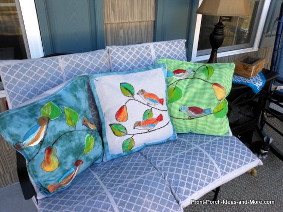 hand painted songbird pillow topper tutorial, crafts, home decor, The pillow toppers add such a refreshing spring accent to our porch bench