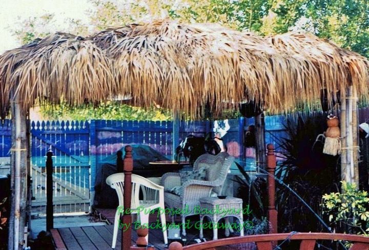 re purposed backyard, gardening, repurposing upcycling, Palm frond and bamboo tiki hut