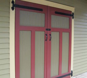 custom shed to complement a craftsman bungalow, garages, outdoor living, Cypress bead board shed doors