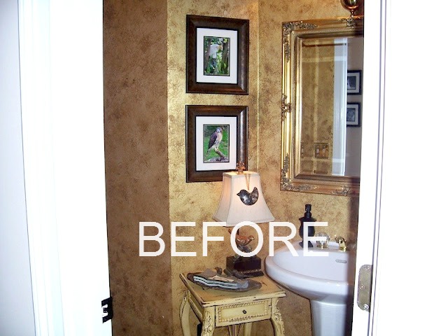 powder room makeover, bathroom ideas, home decor, This is the very dated before This room actually had blue striped wallpaper when we built the house and then I did this faux treatment on the walls when it was all the rage