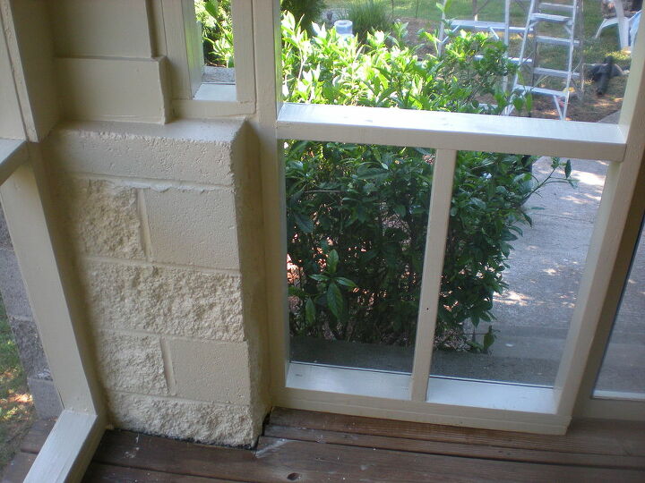 screen porch, fire pit, porches, note painted concrete block to match
