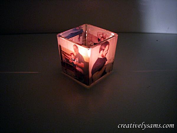 father s day photo centerpiece tutorial, crafts, seasonal holiday decor, The Photo candle holder lit up at night