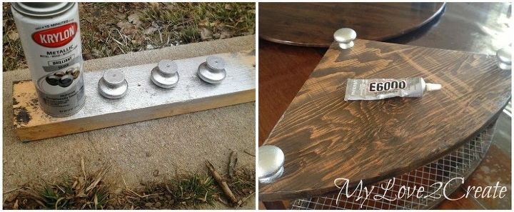 diy corner fruit tower, diy, home decor, how to, kitchen design, woodworking projects, Spray painting old dresser knobs and using them as feet