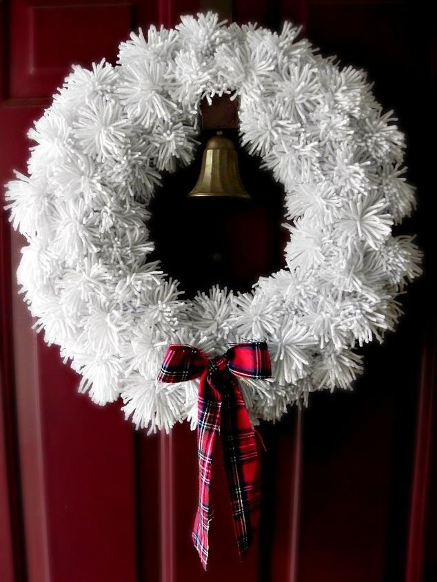 mad for plaid home tour myfavoritethings, crafts, decoupage, living room ideas, seasonal holiday decor, wreaths, Guests are greeted at the door with a fluffy yarn pom wreath